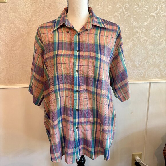Super Thin Summer Weight 80s Pink Large Format‎ Plaid Button Shirt Large L - Picture 4 of 11